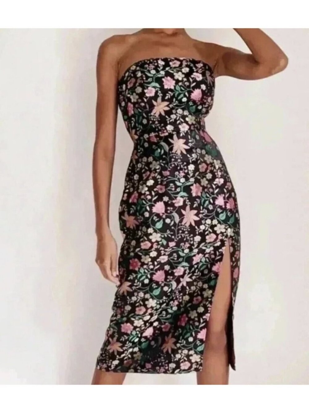 Lulus Size Small Black Satin Floral Jacquard Strapless Midi Dress NWT Metallic - Picture 2 of 16